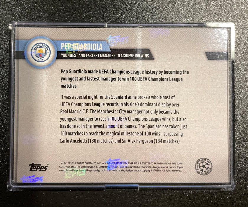 TOPPS NOW 2023 Pep Guardiola Manchester City #114 Youngest and fastest manager to achieve 100 wins